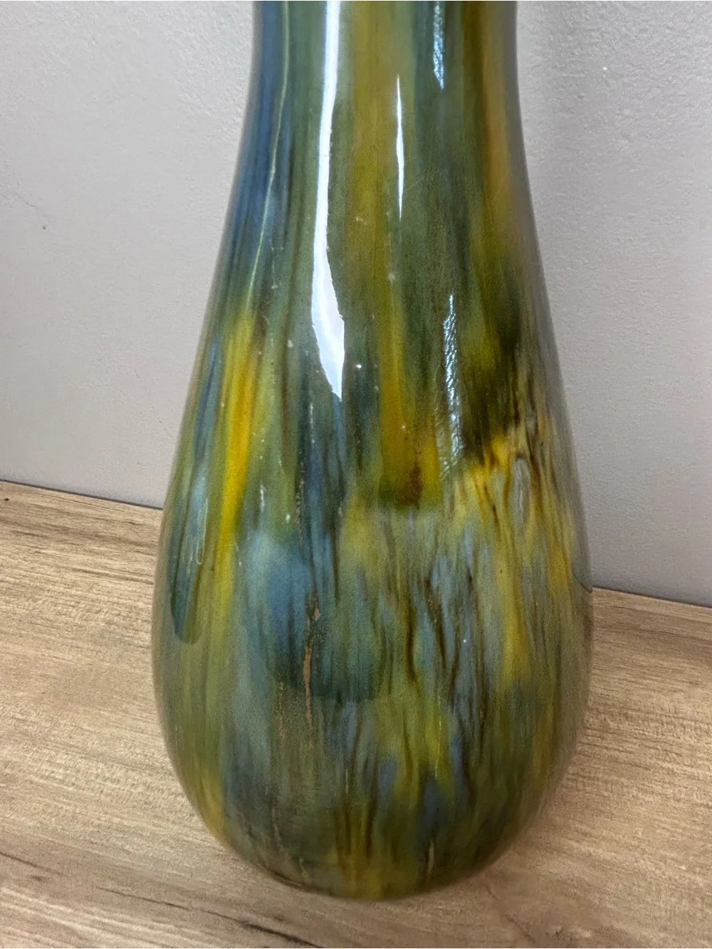 Vintage Green and Yellow Drip-Glaze Hourglass Vase